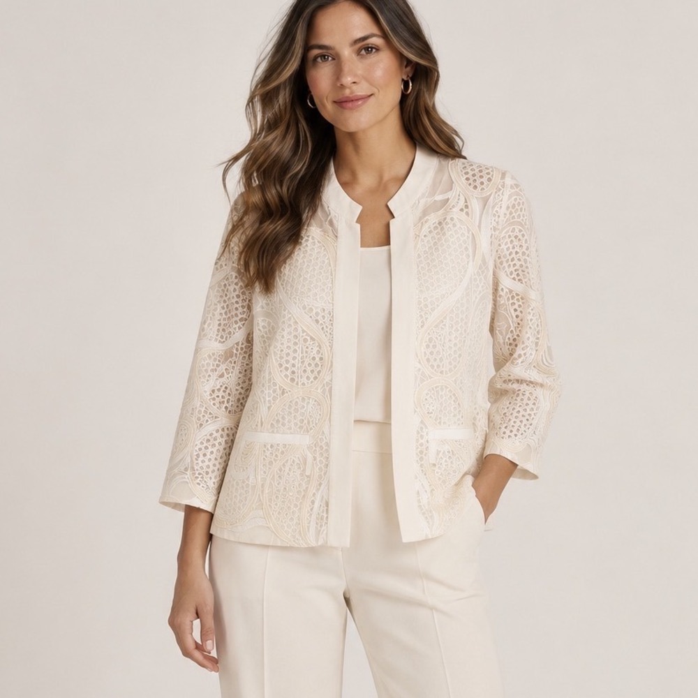 Elie Tahari Jacket Womens Size 10 White Silk Cotton Eyelet Paisley Lace Blazer